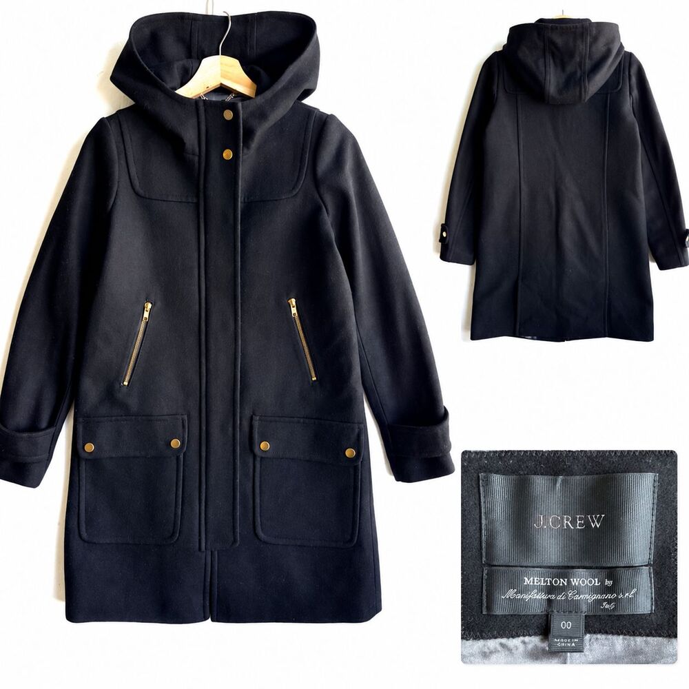 J.Crew Women's Size 00 Black Melton Wool Hooded Full Zip Winter Coat